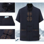 Buddha Stones Fu Character Chinese Knotting Embroidery Tang Suit Traditional Short Sleeve Top Pants Clothing Men's Set Men's Meditation Cloth BS 12