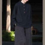 Buddha Stones Solid Color Loose Button Blouse Long Sleeve Shirt Top Long Sleeve Shirt BS Black(Bust 126cm)(Top Only)