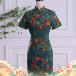 Buddha Stones Retro Flower Lotus Peony Feather Print Qipao Dress Women's Cheongsam Dress Cheongsam Dresses BS 5