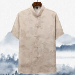 Buddha Stones Mountains Trees Tang Suit Hanfu Traditional Uniform Short Sleeve Top Pants Clothing Men's Set Men's Meditation Cloth BS Beige Top 44/4XL