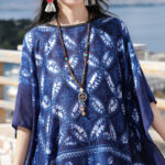 Buddha Stones Blue Flower Indigo Dyeing Shawl Tassels Cozy Pullover 90*95cm 4