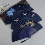 Buddha Stones Crane Dragonfly Lotus Peony Plum Blossom Butterfly Handheld Silk Bamboo Folding Fan 22.5cm 2