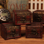 Buddha Stones Retro Small Square Wood Jewelry Box Lotus Grass Flower Grape Copper Coin Daffodil Jewelry Storage Box Jewelry Box BS 23