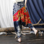 Buddha Stones Blue Red Peony Flowers Patchwork Cotton Linen Harem Pants With Pockets Women's Harem Pants BS 2