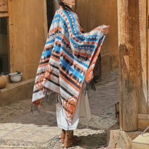 Buddha Stones Tibetan Shawl Striped Geometric Pattern Winter Cozy Travel Tassel Scarf Wrap Tibetan Shawl BS Blue Gray 130*150cm