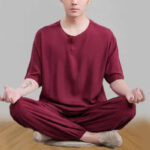 Buddha Stones 2Pcs Half Sleeve T-Shirt Pants Meditation Zen Tai Chi Cotton Linen Clothing Unisex Set Women's Meditation Cloth BS Dark Red(Top&Pants) 4XL(Bust 138cm/Waist 80cm/Hips 124cm)