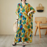 Buddha Stones Orange Blue Colorful Polka Dots Midi Dress Cotton Half Sleeve Dress With Pockets Midi Dress BS Blue(Dress Only) F(Bust 158cm/Hem 158cm/Length 133cm)