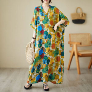 Buddha Stones Orange Blue Colorful Polka Dots Midi Dress Cotton Half Sleeve Dress With Pockets Midi Dress BS Blue(Dress Only) F(Bust 158cm/Hem 158cm/Length 133cm)