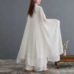 Buddha Stones 2Pcs Frog-Button Long Sleeve Midi Dress Wide Leg Pants Chiffon Zen Women's Set Women's Meditation Cloth BS 4