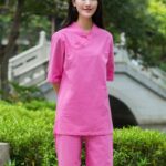 Buddha Stones 2Pcs Half Sleeve V-Neck Shirt Top Pants Meditation Zen Tai Chi Linen Clothing Women's Set Women's Meditation Cloth BS Rose Red(Top&Pants) 2XL(Bust 108cm/Waist 72-106cm/Pants Length 100cm)