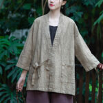 Buddha Stones Hanfu Design Three Quarter Sleeve Ramie Linen Coat Open Front Top Jacket Coat BS 4