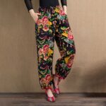 Buddha Stones Ethnic Style Red Green Flowers Print Harem Pants With Pockets Women's Harem Pants BS Black Red Blue Flowers(Waist 63-100cm/Hips 122cm/Length 92cm)