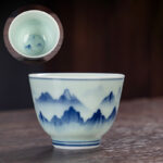 Buddha Stones Blue Landscape Mountains Lotus Cute Cat Pavilions Magnolia Reed Egrets Ceramic Teacup Small Kung Fu Tea Cup Cup BS Mountains 6cm*4.5cm*50ml