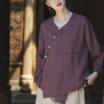 Buddha Stones Solid Color Ramie Linen Loose Blouse Long Sleeve Shirt Chinese Hanfu Top Long Sleeve Shirt BS Purple(Bust 116cm)(Top Only)