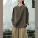 Buddha Stones Solid Color Loose Button Blouse Long Sleeve Shirt Top Long Sleeve Shirt BS 23