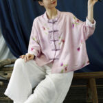 Buddha Stones Pink Flower Print Frog-button Design Batwing Long Sleeve Ramie Linen Jacket Shirt Women's Shirts BS 15