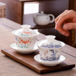 Buddha Stones White Porcelain Mountain Landscape Countryside Ceramic Gaiwan Teacup Kung Fu Tea Cup And Saucer With Lid Cup BS 33