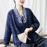 Buddha Stones Flower Jacquard V-Neck Long Sleeve Jacket 24