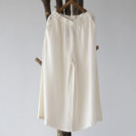 Buddha Stones Flower Jacquard Midi Dress Long Sleeve Cotton Linen Dress Wide Leg Pants With Pockets 59