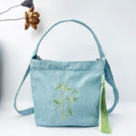 Buddha Stones Embroidery Wisteria Plum Lotus Cherry Blossom Cotton Linen Canvas Tote Crossbody Bag Shoulder Bag Handbag Crossbody Bag BS Light Green Bamboo 19*20*10cm