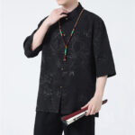 Buddha Stones Peach Blossom Bamboo Leaves Frog-button Chinese Half Sleeve Shirt Men T-shirt T-shirt BS Black(Top Only) 5XL(Bust 130cm/Shoulder 52cm/Length 74cm)