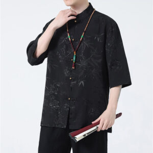 Buddha Stones Peach Blossom Bamboo Leaves Frog-button Chinese Half Sleeve Shirt Men T-shirt T-shirt BS Black(Top Only) 5XL(Bust 130cm/Shoulder 52cm/Length 74cm)