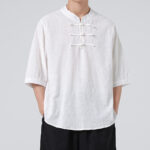 Buddha Stones Frog-Button Plaid Pattern Chinese Tang Suit Half Sleeve Shirt Cotton Linen Men Clothing Men's Shirts BS 27
