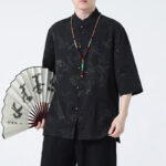 Buddha Stones Peach Blossom Bamboo Leaves Frog-button Chinese Half Sleeve Shirt Men T-shirt T-shirt BS 3