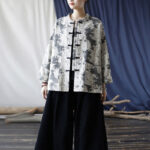 Buddha Stones Black Gray Print Frog-button Design Long Sleeve Cotton Linen Jacket Shirt With Pockets Women's Shirts BS 36