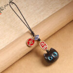 Buddha Stones Ebony Wood Lucky Cat Auspicious Cloud Peace Key Chain Phone Hanging Decoration Key Chain BS Blue Eyes Cat Phone Hanging Decoration