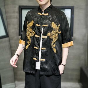 Buddha Stones Frog-Button Chinese Dragon Embroidery Half Sleeve Shirt Linen Men Clothing Men's Shirts BS Black 5XL(Fit for US/UK/AU48; EU58)