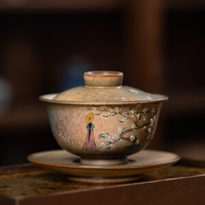 Buddha Stones Jingdezhen Hand Painted Ru Kiln Porcelain Hanfu Girl Flower Ceramic Gaiwan Sancai Teacup Kung Fu Tea Cup And Saucer With Lid Cup BS Hat Girl 10.2cm*8.5cm*150ml