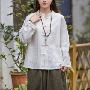 Buddha Stones Frog-Button Design Shirt Tai Chi Meditation Top Clothing Ramie Linen Jacket Jacket Shirt BS White(Bust 128cm)(Top Only)