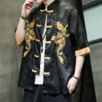 Buddha Stones Frog-Button Chinese Dragon Embroidery Half Sleeve Shirt Linen Men Clothing Men's Shirts BS 9