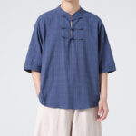 Buddha Stones Frog-Button Plaid Pattern Chinese Tang Suit Half Sleeve Shirt Cotton Linen Men Clothing Men's Shirts BS 6