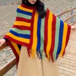 Buddha Stones Tibetan Colorful Striped Design Shawl Tassels Pullover Winter Cozy Travel Scarf Wrap Tibetan Shawl BS Red Yellow Green 72cm*90cm