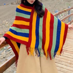 Buddha Stones Tibetan Colorful Striped Design Shawl Tassels Pullover Winter Cozy Travel Scarf Wrap Tibetan Shawl BS Red Yellow Green 72cm*90cm