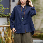 Buddha Stones Frog-Button Design Shirt Tai Chi Meditation Top Clothing Ramie Linen Jacket Jacket Shirt BS Blue(Bust 128cm)(Top Only)