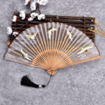 Buddha Stones Vintage Cloud Crane Pattern Handheld Bamboo Folding Fan Folding Fan BS Khaki