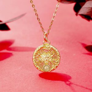 Buddha Stones 925 Sterling Silver Year Of The Dragon Round Natural Hetian Jade Inlaid Strength Necklace Pendant (Extra 30% Off | USE CODE: FS30) Necklaces & Pendants BS main