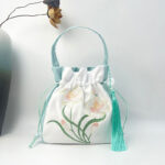 Buddha Stones Embroidered Flowers Wisteria Lily Cotton Linen Tote Crossbody Bag Shoulder Bag Handbag Crossbody Bag BS Light Green White Lily 20*20*7cm