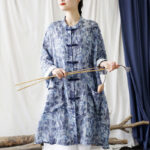 Buddha Stones Blue Flowers Butterfly Frog-Button Long Sleeve Ramie Linen Jacket Shirt With Pockets 6