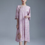 Buddha Stones Small Flower Leaf Jacquard Chinese Cheongsam Qipao Midi Dress With Pockets Cheongsam Dresses BS Purple XL(Bust 128cm/Length 121cm)