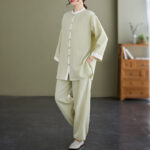 Buddha Stones 2Pcs Vintage Long Sleeve Shirt Top Pants Meditation Zen Tai Chi Cotton Linen Clothing Women's Set Women's Meditation Cloth BS 15