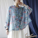 Buddha Stones Pink Flowers Green Leaves Print Frog-button Design Long Sleeve Ramie Linen Jacket Shirt Women's Shirts BS 21
