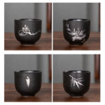 Buddha Stones Hand Painted Lotus Flower Bamboo Chrysanthemum Black Pottery Ceramic Teacup Kung Fu Tea Cup 95ml Cup BS 20