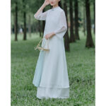 Buddha Stones Three Quarter Sleeve Chiffon Cheongsam Midi Dress Wide Leg Pants Meditation Zen Practice Clothing Women's Meditation Cloth BS 9
