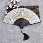 Buddha Stones Vintage Cloud Crane Pattern Handheld Bamboo Folding Fan Folding Fan BS Beige Black Bamboo