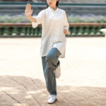 Buddha Stones Solid Color Frog-Button Meditation Prayer Spiritual Zen Tai Chi Qigong Practice Unisex Clothing Set Women's Meditation Cloth BS Women-White Top&Gray Blue Pants XXL