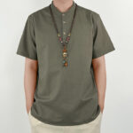 Buddha Stones Solid Color Men Short Sleeve Button Linen Shirt Men's Shirts BS DarkKhaki 4XL(Fit for US/UK/AU44; EU54)